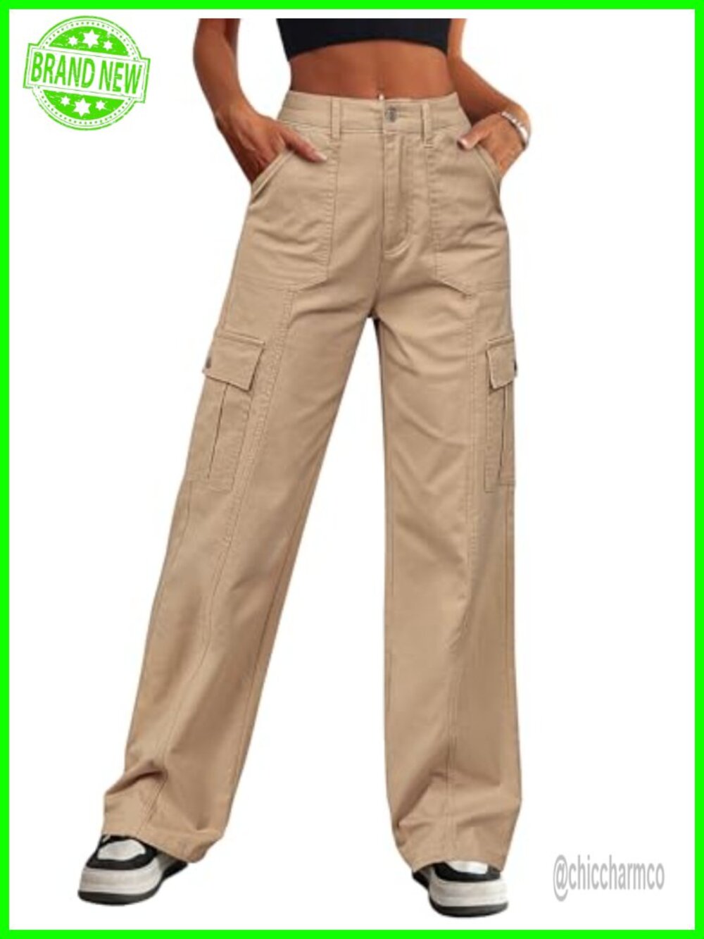 Wide Leg Cargo Pants High Waisted Stretch Drawstring Ankle 6 Pockets